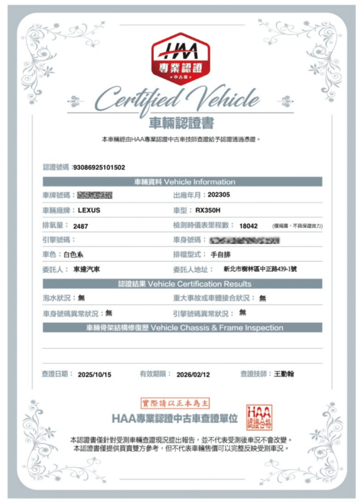 HAA 中古車認證第三方