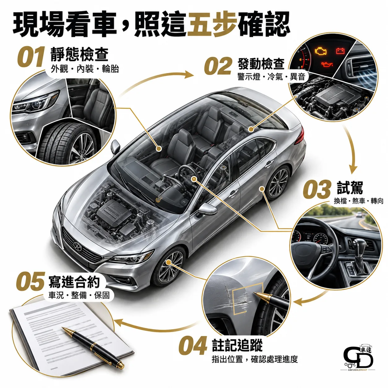 認證中古車現場看車五步流程圖，依序為靜態檢查、發動檢查、試駕、註記追蹤及寫進合約。